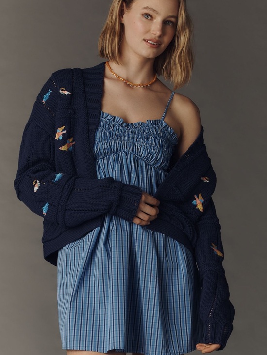 Maeve Sweaters - Maeve Anthropologie Embroidered Icons Cardigan Sweater- Navy Fish